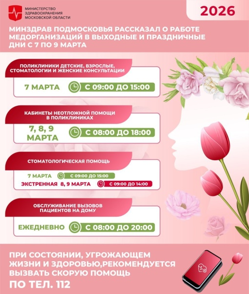 Как будут работать поликлиники Подмосковья в праздники 7–9 марта?