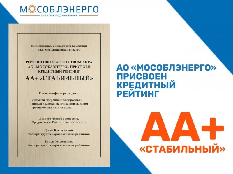 АО «Мособлэнерго» присвоен кредитный рейтинг АА+ «Стабильный»