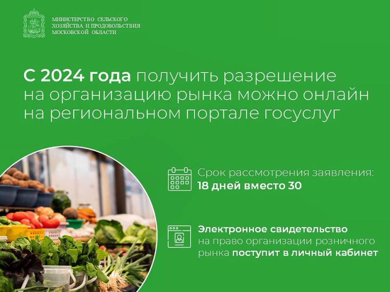 Получить разрешение на организацию рынка в Подмосковье теперь можно за 18 дней на региональном портале госуслуг 